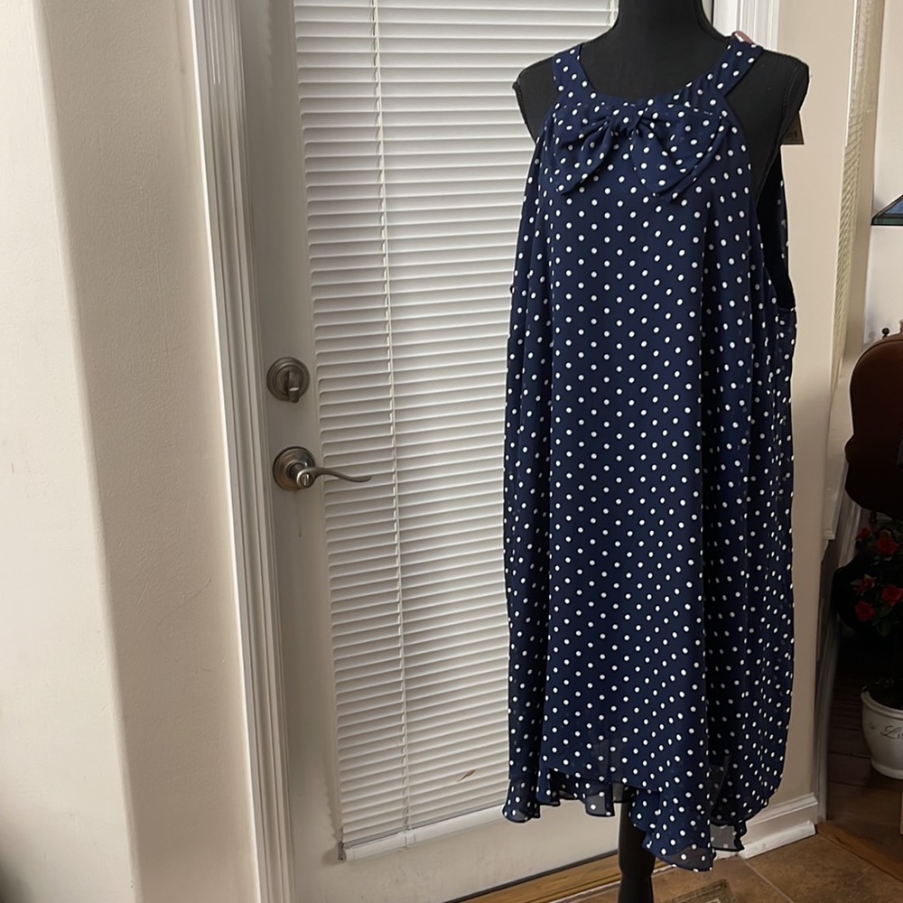 Alex Marie PLUS Pamela Navy/White Polka Dots Sleeveless w/Bow Lined Dress
